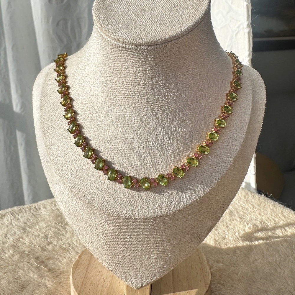 Peridot and pink sapphire tennis necklace s925 sterling and 18k gold
